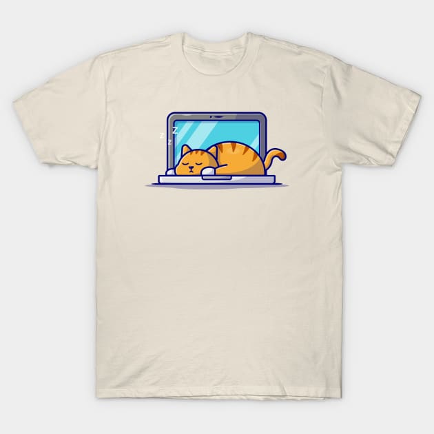 Cute Cat Sleeping On Laptop With Coffee Cup Cartoon Vector Icon Illustration (2) T-Shirt by Catalyst Labs